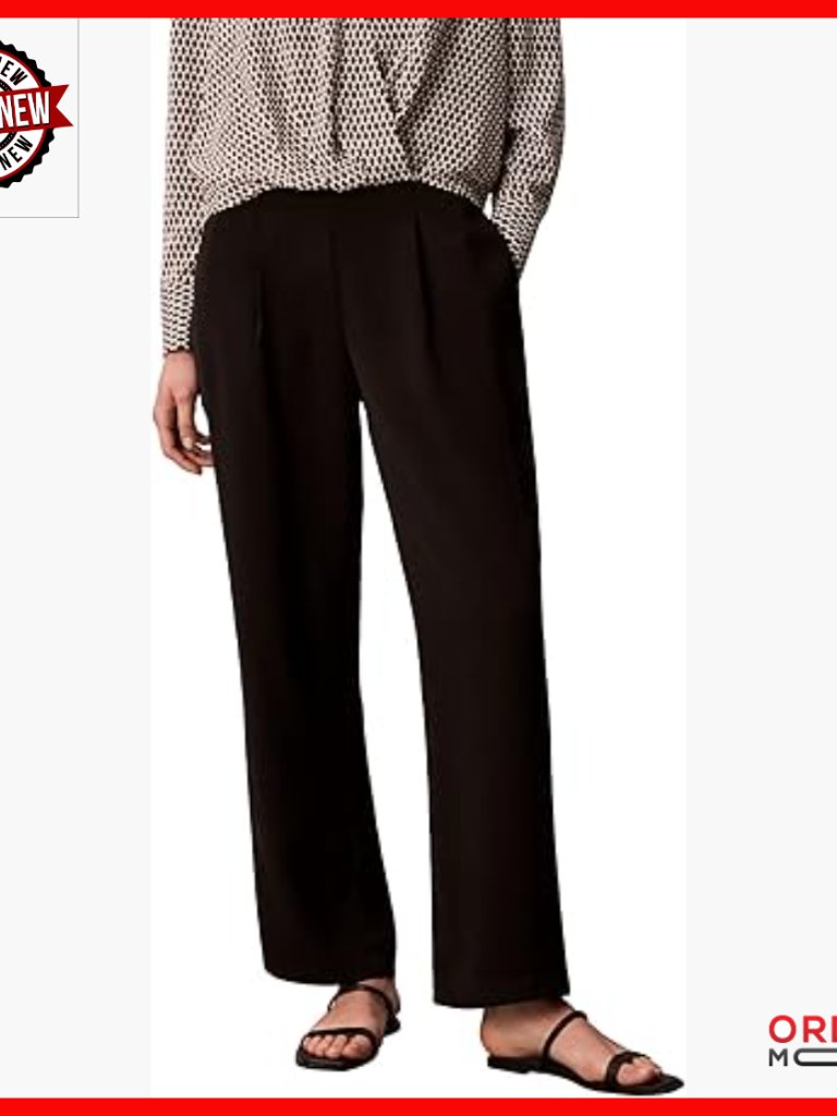 Crepe Wide Leg Trousers With Elastic Waist, Side Pockets, Pleats